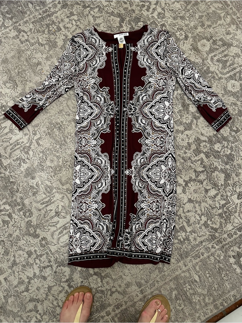 Studio One Burgundy and White Paisley-Print Midi Dress size S